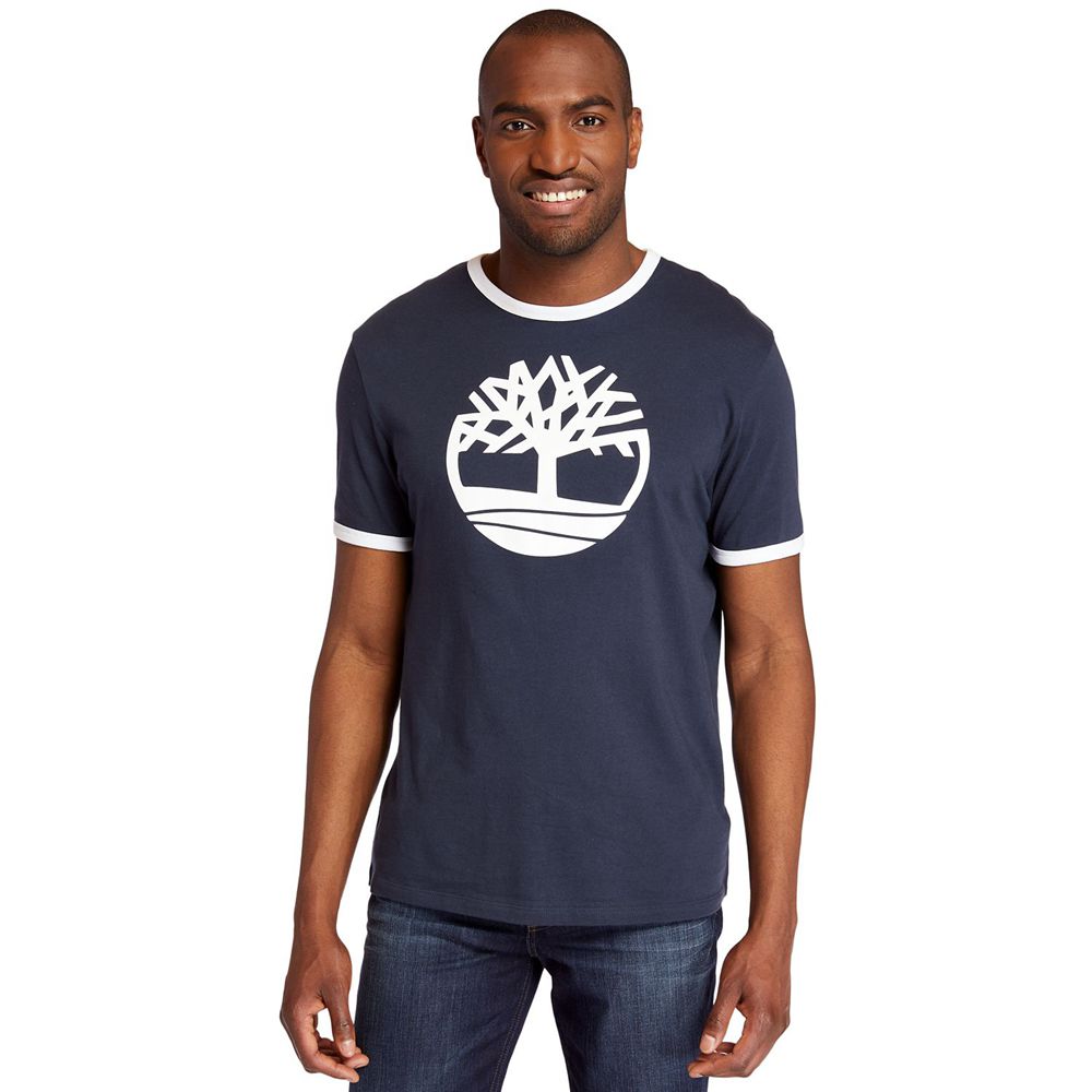 Timberland Mens T-Shirts Tree Logo Ringer - Navy - India UM8024576